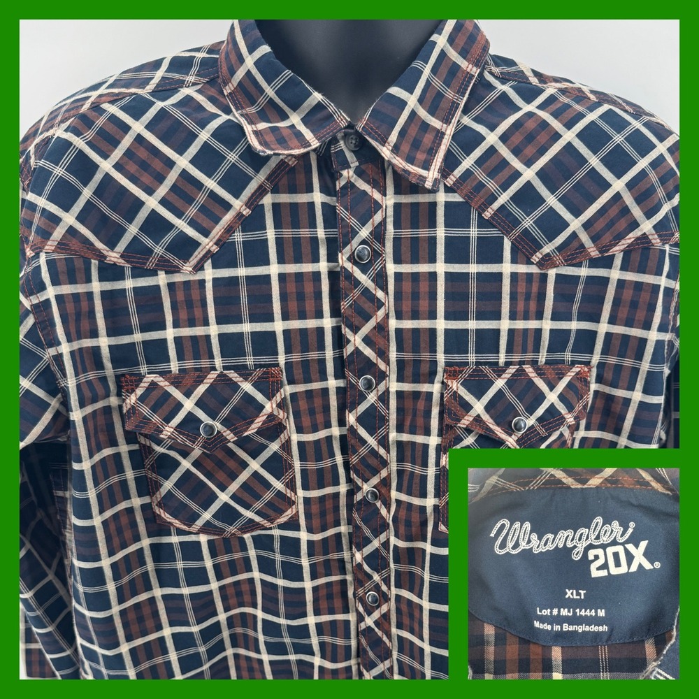 Wrangler 20X Plaid Western Shirt XLT Long Sleeve Brown Blue Cowboy Rodeo snap - Picture 1 of 5